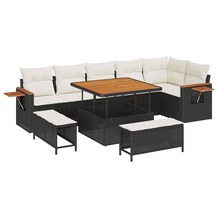 Tuinbankenset met kussen 11 pcs Zwart en Crème poly rattan