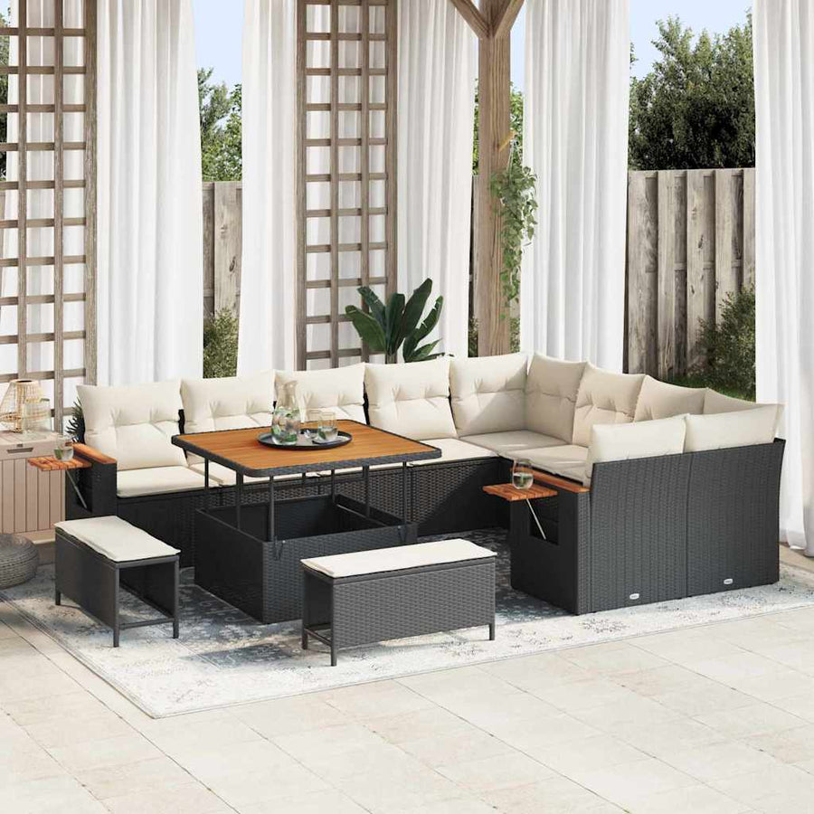 Tuinbankenset met kussen 13 pcs Zwart en Crème poly rattan