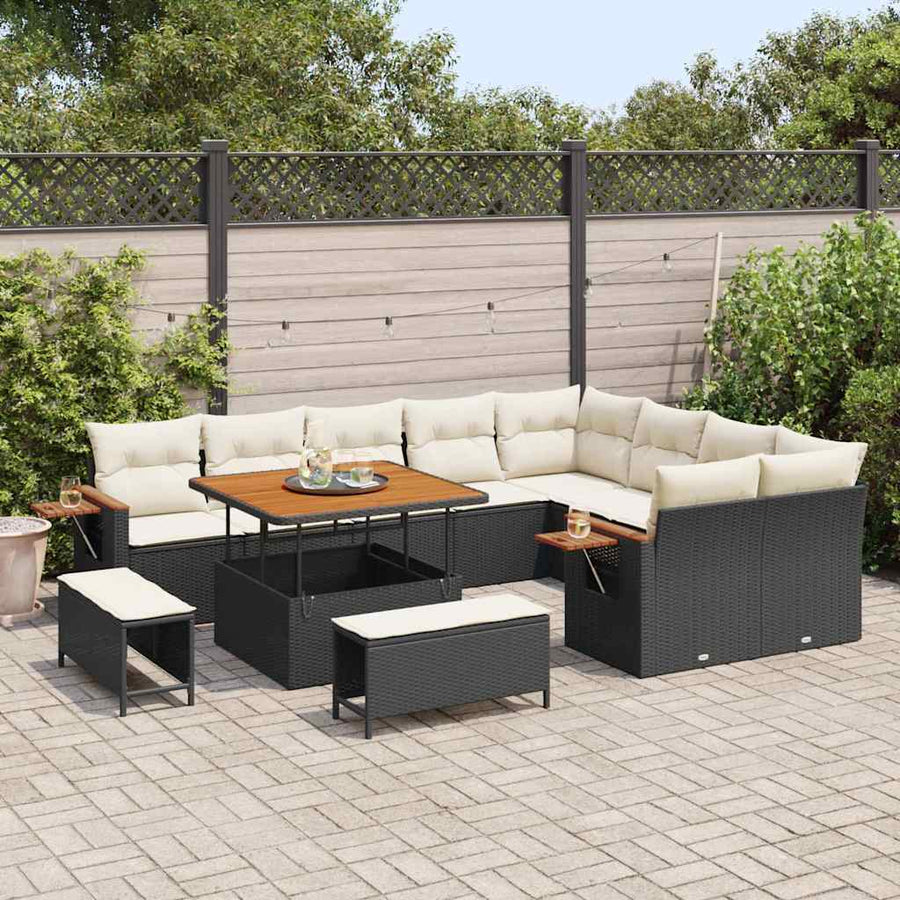 Tuinbankenset met kussen 13 pcs Zwart en Crème poly rattan