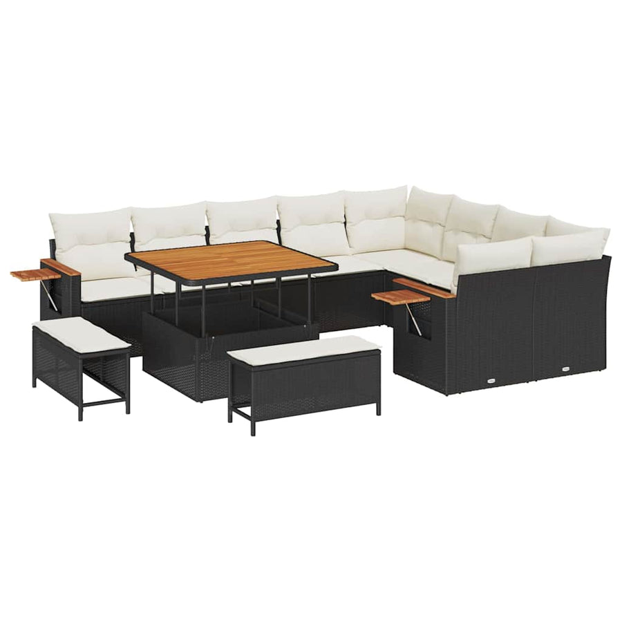 Tuinbankenset met kussen 13 pcs Zwart en Crème poly rattan