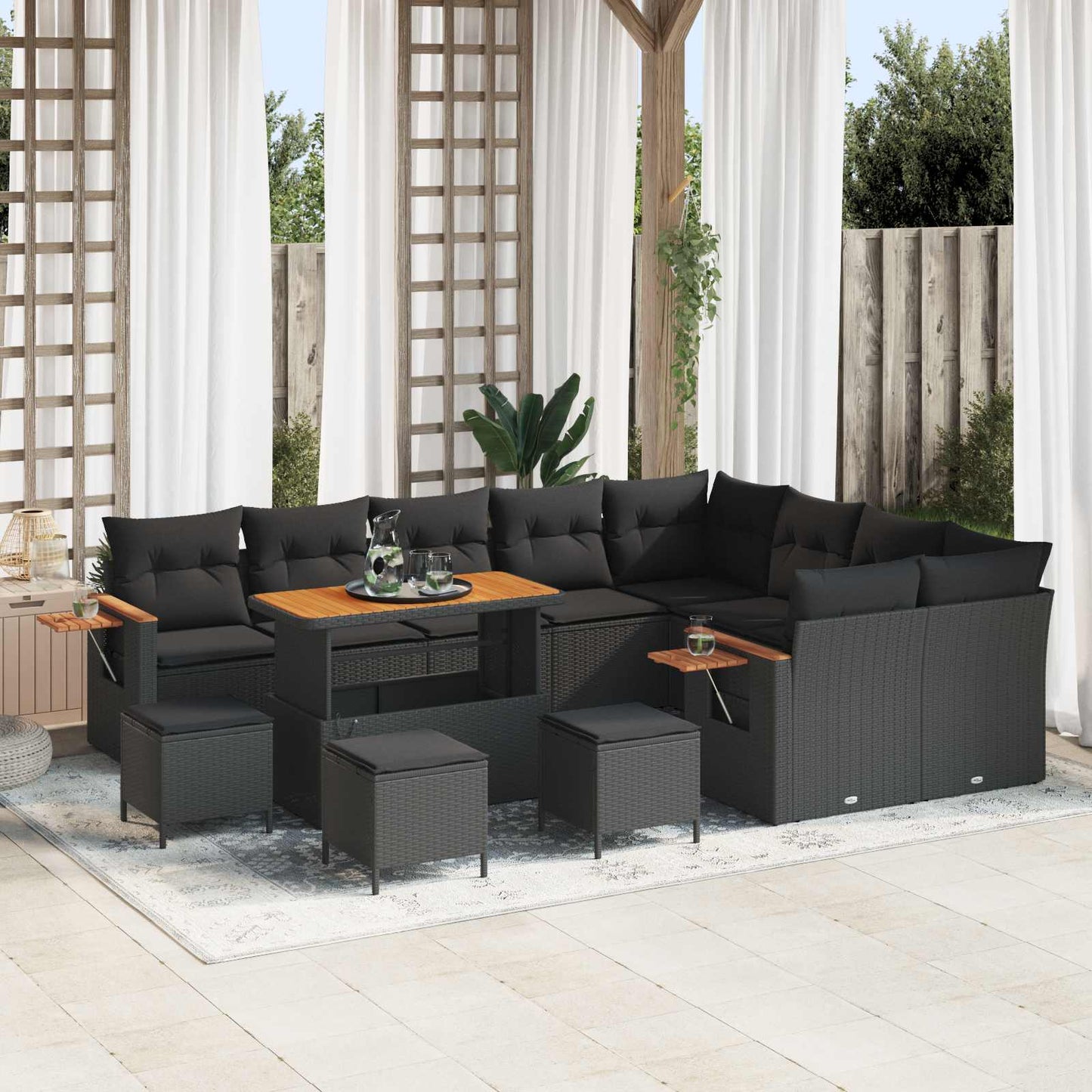 Tuinbankenset met kussen 14 pcs Zwart poly rattan