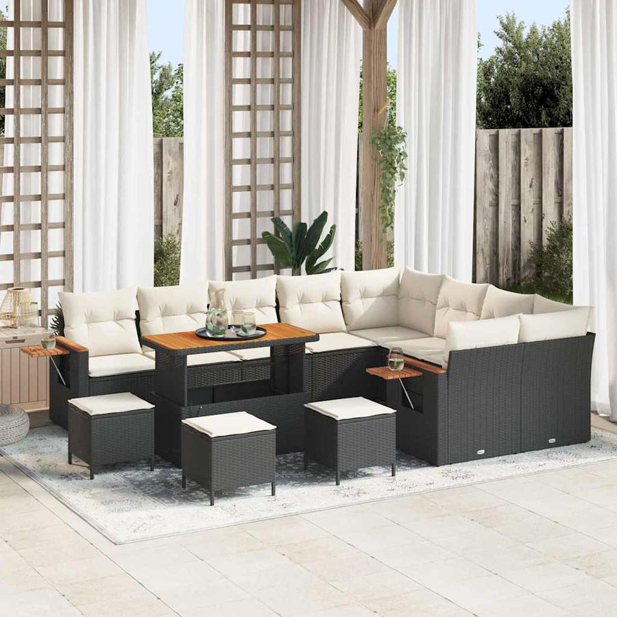 Tuinbankenset met kussen 14 pcs Zwart en Crème poly rattan