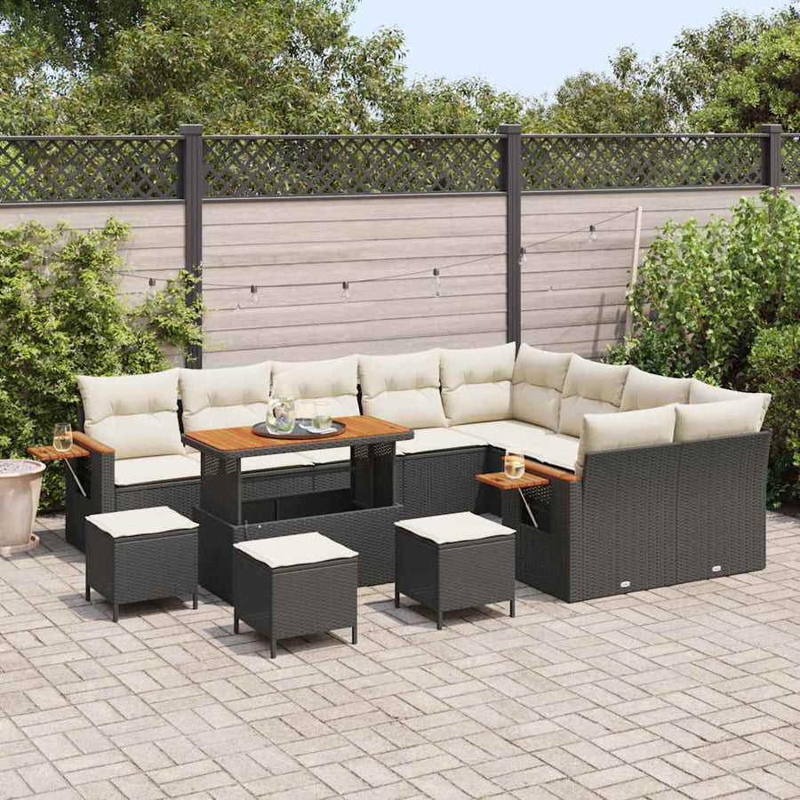 Tuinbankenset met kussen 14 pcs Zwart en Crème poly rattan