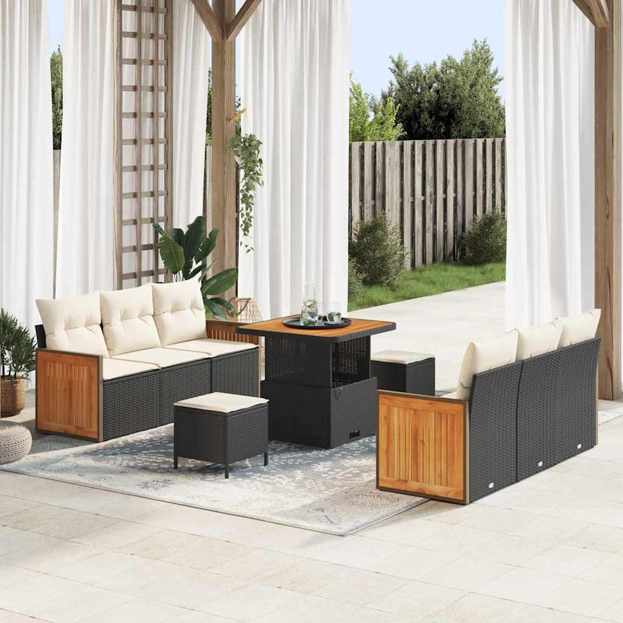 Tuinbankenset met kussen 11 pcs Zwart en Crème poly rattan