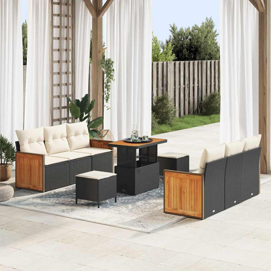 Tuinbankenset met kussen 11 pcs Zwart en Crème poly rattan