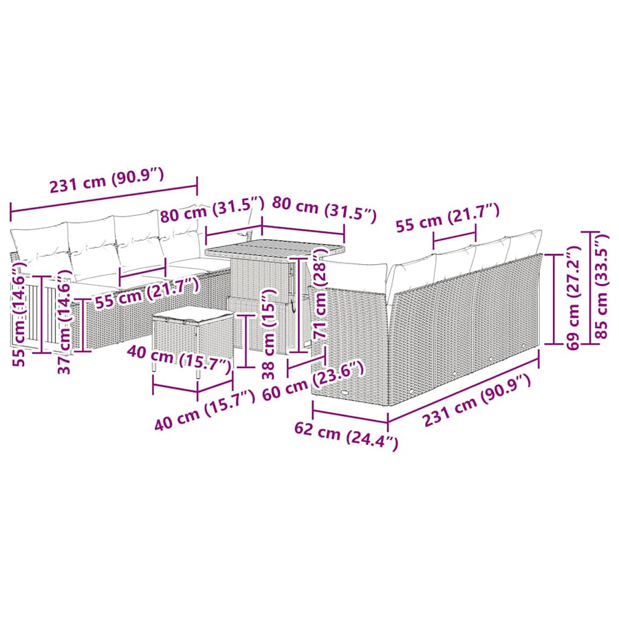 Tuinbankenset met kussen 12 pcs Zwart en Crème poly rattan