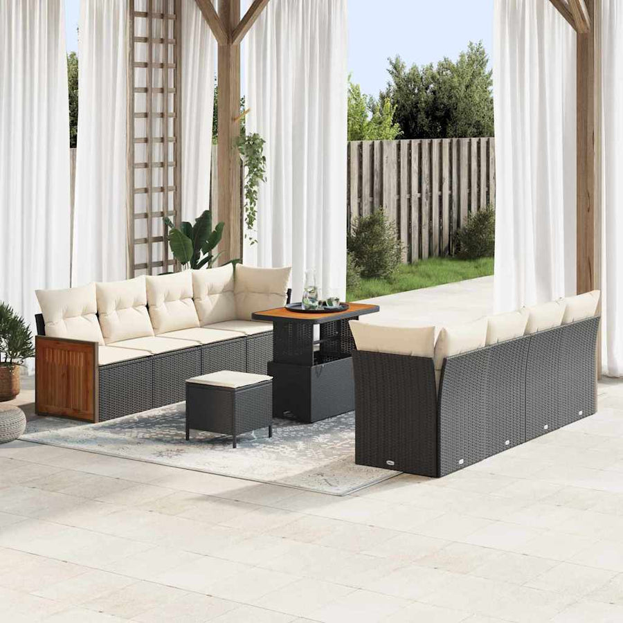 Tuinbankenset met kussen 12 pcs Zwart en Crème poly rattan