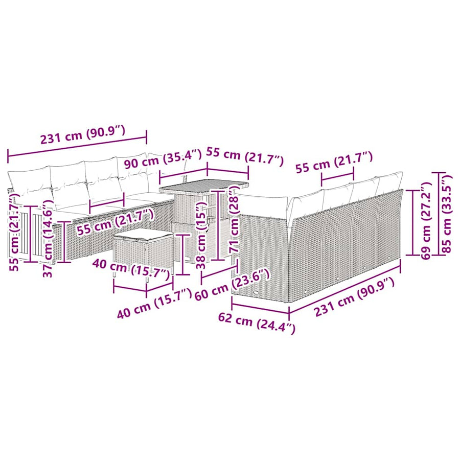 Tuinbankenset met kussen 12 pcs Zwart en Crème poly rattan