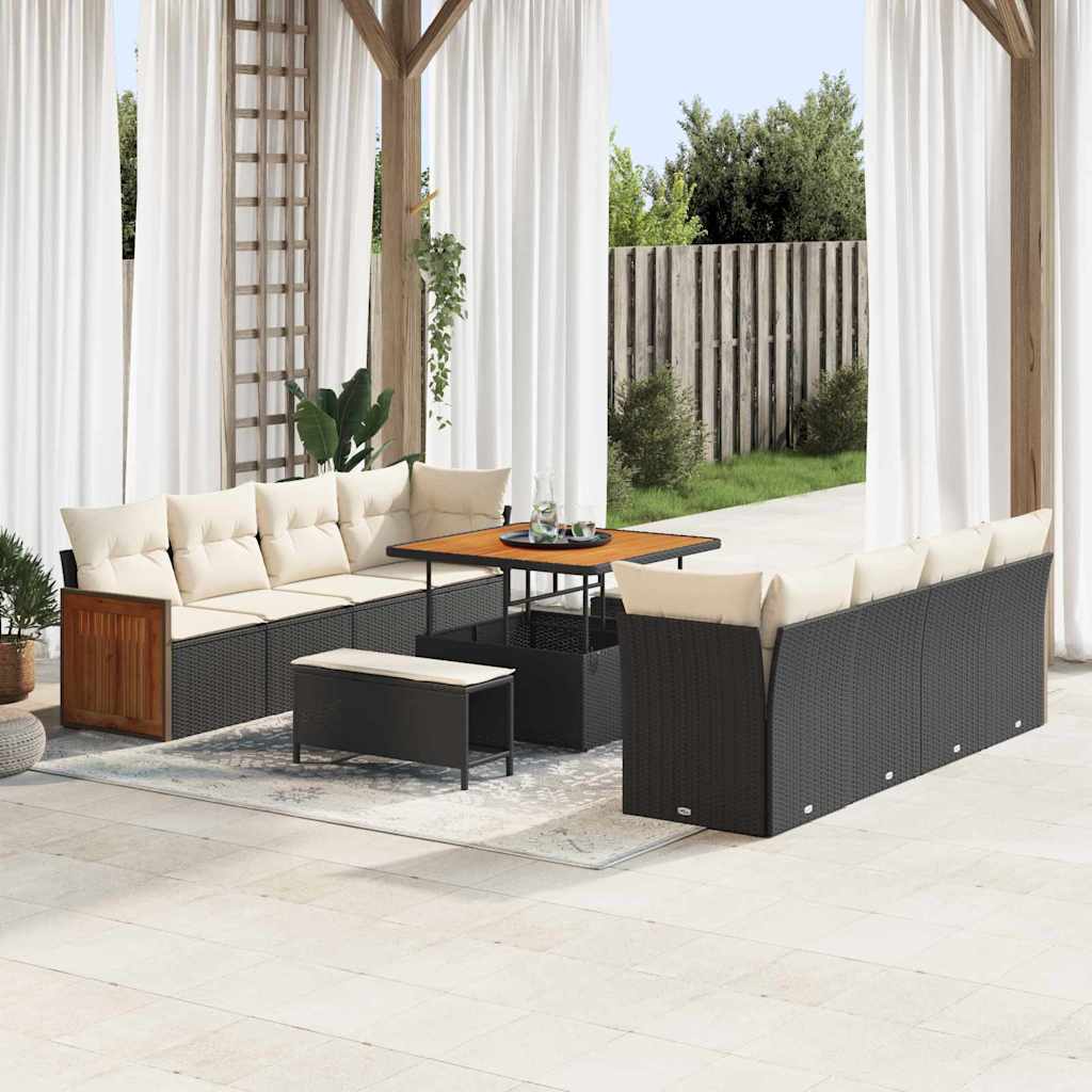 Tuinbankenset met kussen 12 pcs Zwart en Crème poly rattan