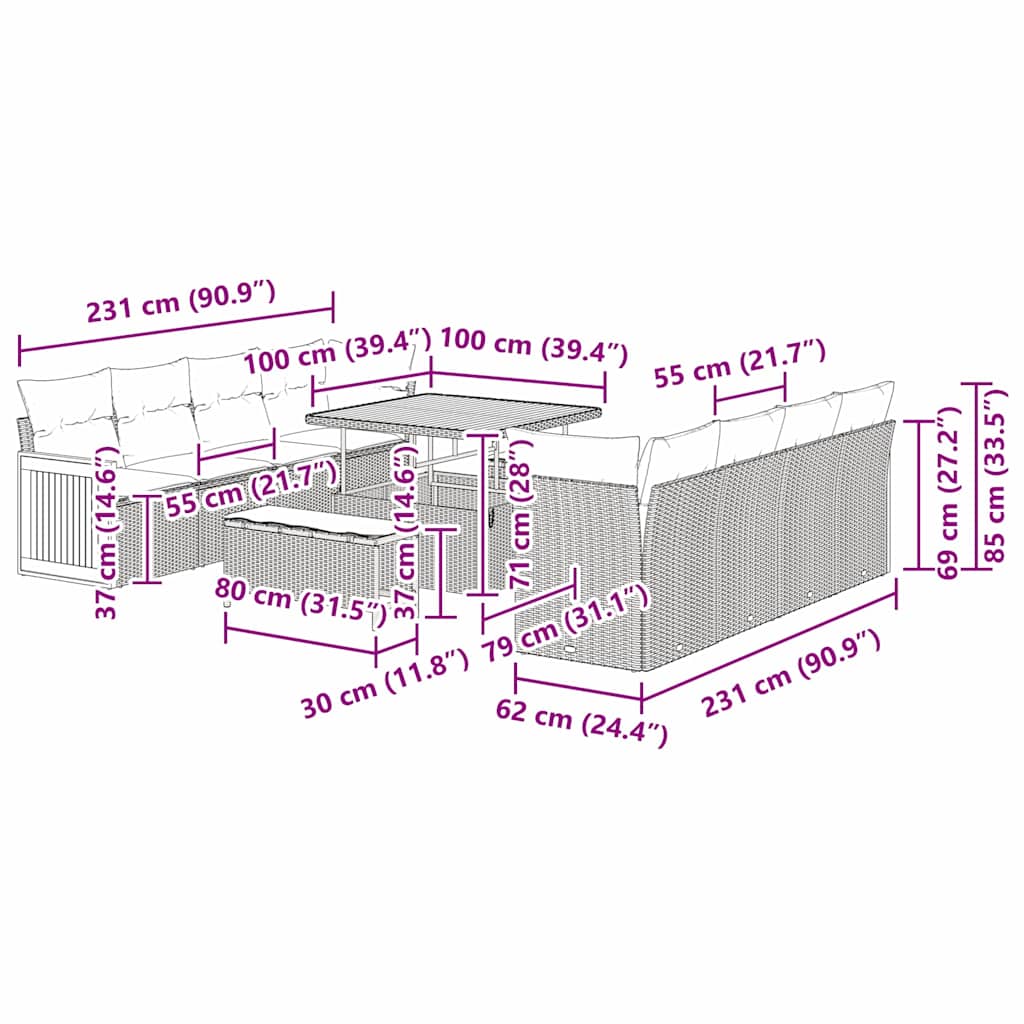 Tuinbankenset met kussen 12 pcs Zwart en Crème poly rattan