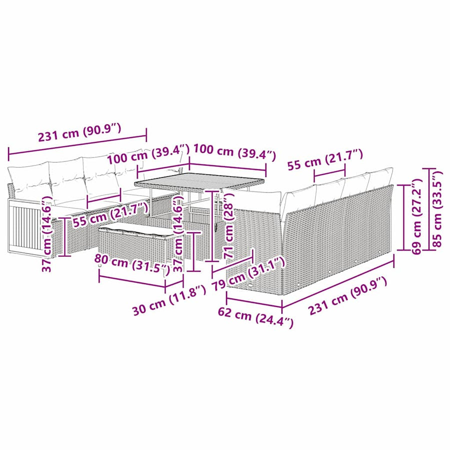 Tuinbankenset 12 pcs Beige en Licht Grijs poly rattan