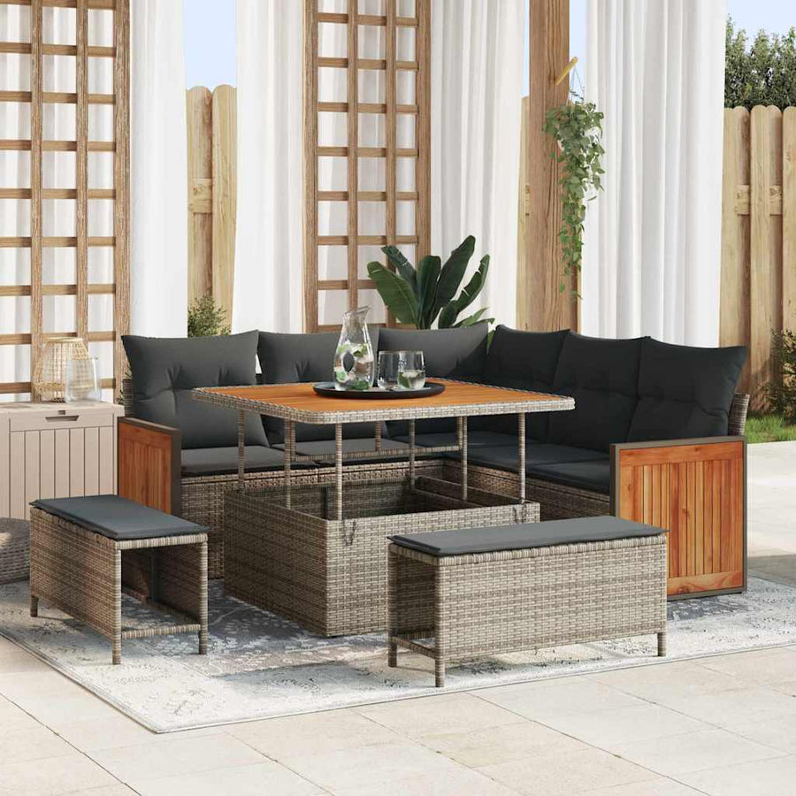 Tuinbankenset met kussen 9 pcs Grijs poly rattan