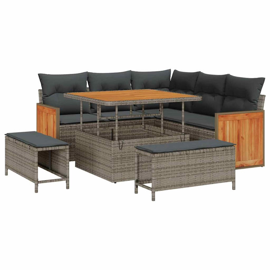 Tuinbankenset met kussen 9 pcs Grijs poly rattan