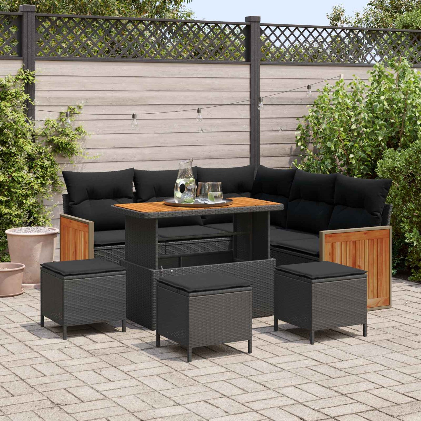 Tuinbankenset met kussen 9 pcs Zwart poly rattan