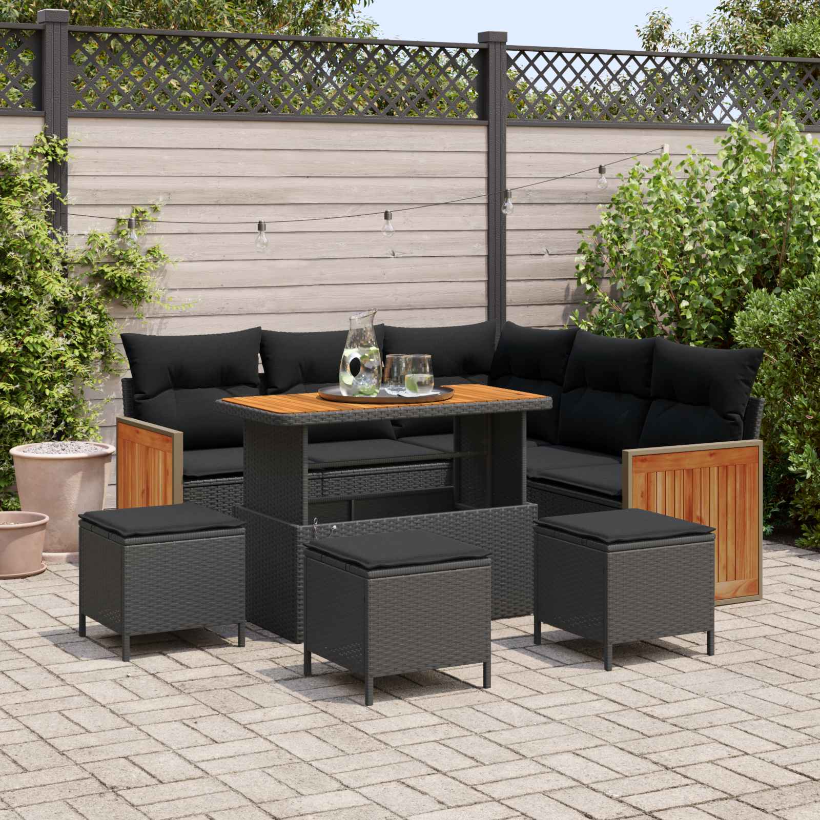 Tuinbankenset met kussen 9 pcs Zwart poly rattan