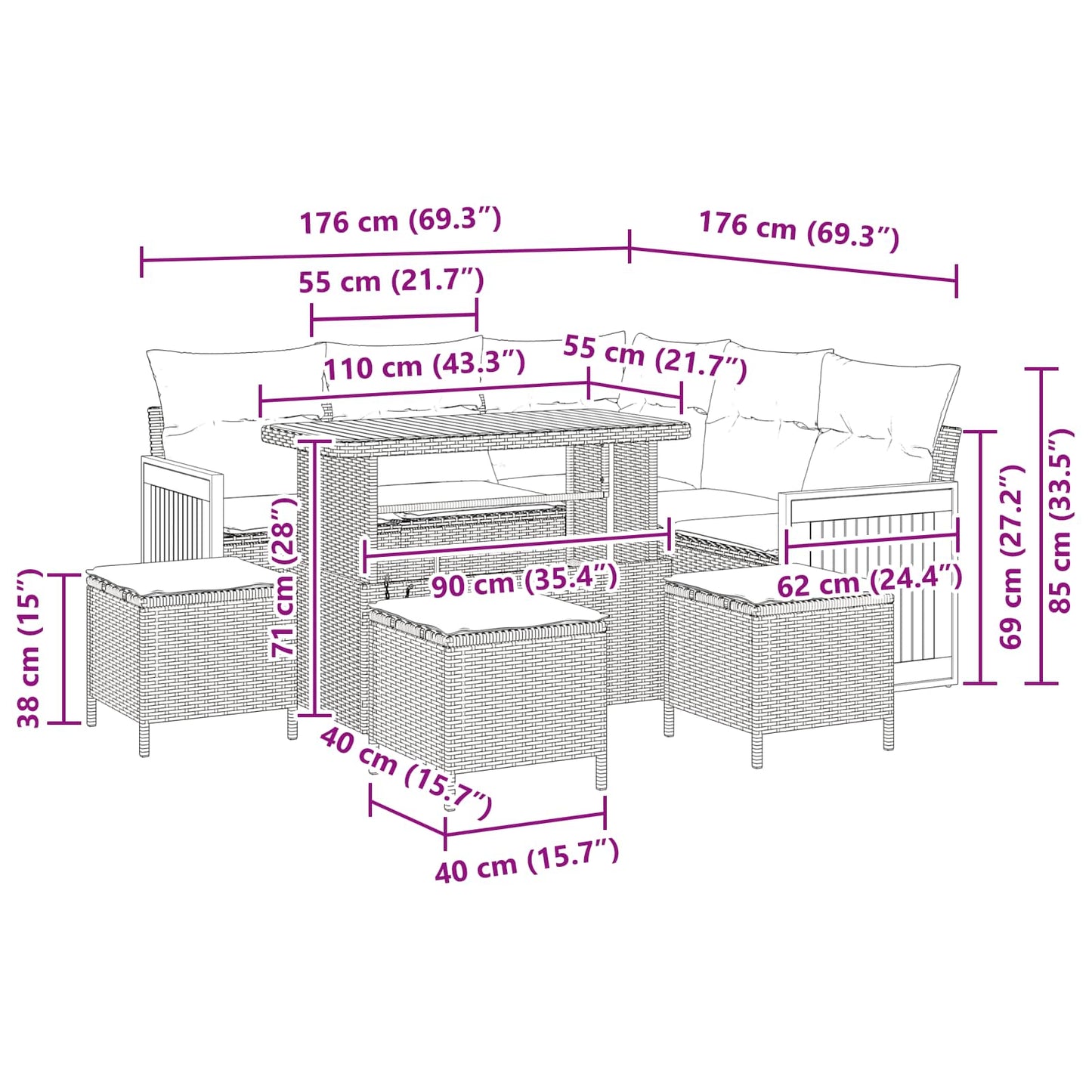 Tuinbankenset met kussen 9 pcs Zwart poly rattan