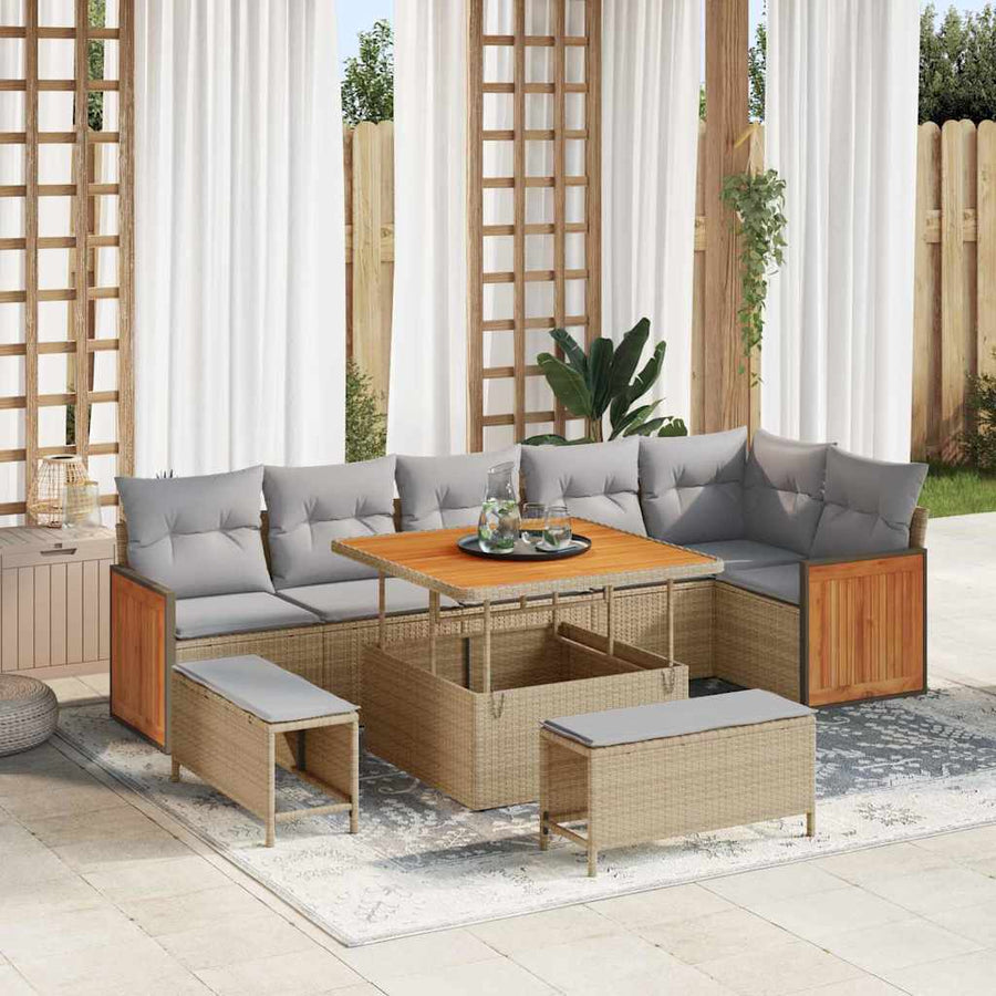 Tuin Sofa Set 9 Pcs Poly Rattan 100 cm tafellengte beige en lichtgrijs