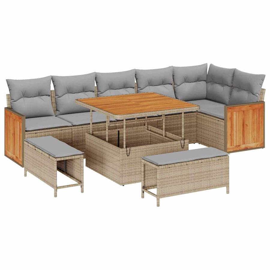 Tuin Sofa Set 9 Pcs Poly Rattan 100 cm tafellengte beige en lichtgrijs