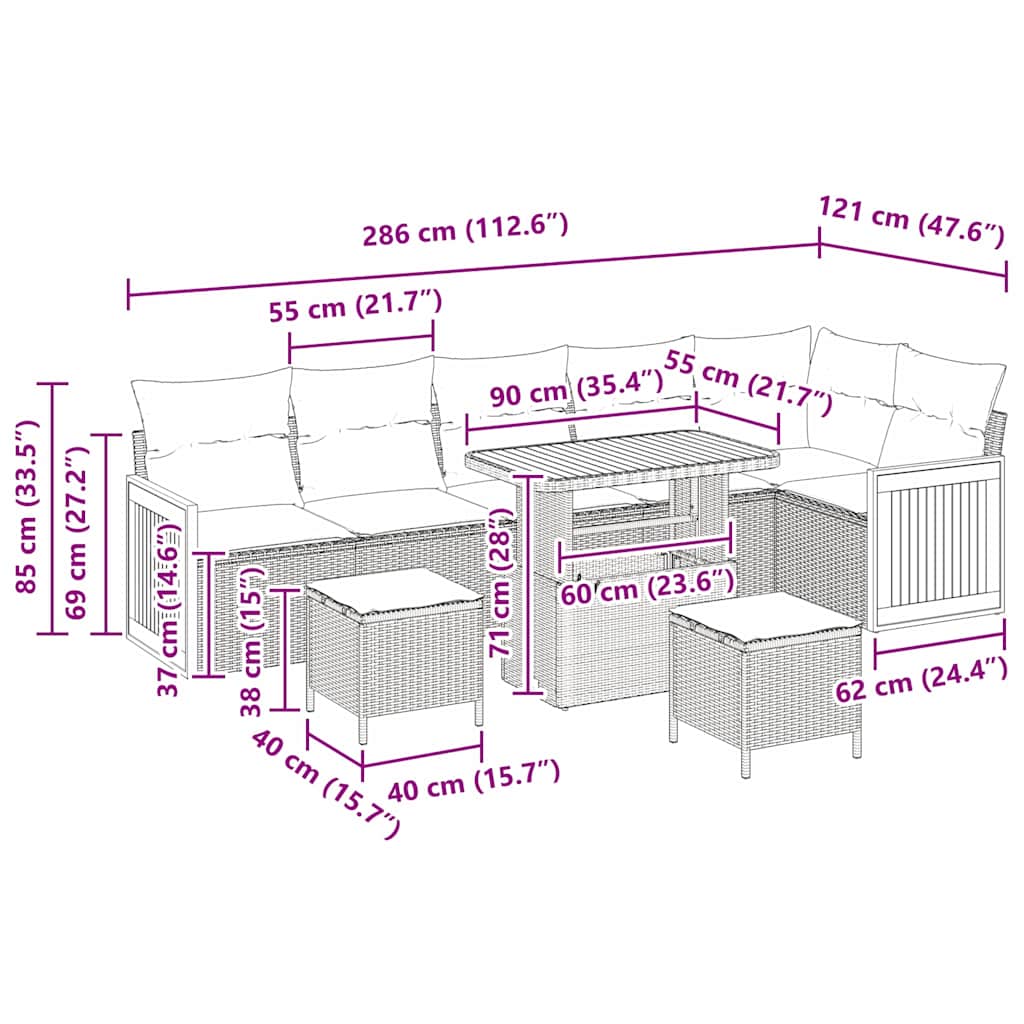 Tuinbankenset met kussen 11 pcs Beige en Crème poly rattan