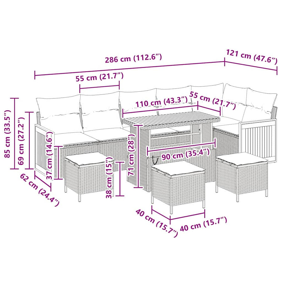 Tuin Sofa Set 10 Pcs Poly Rattan 110 cm tafellengte beige en lichtgrijs