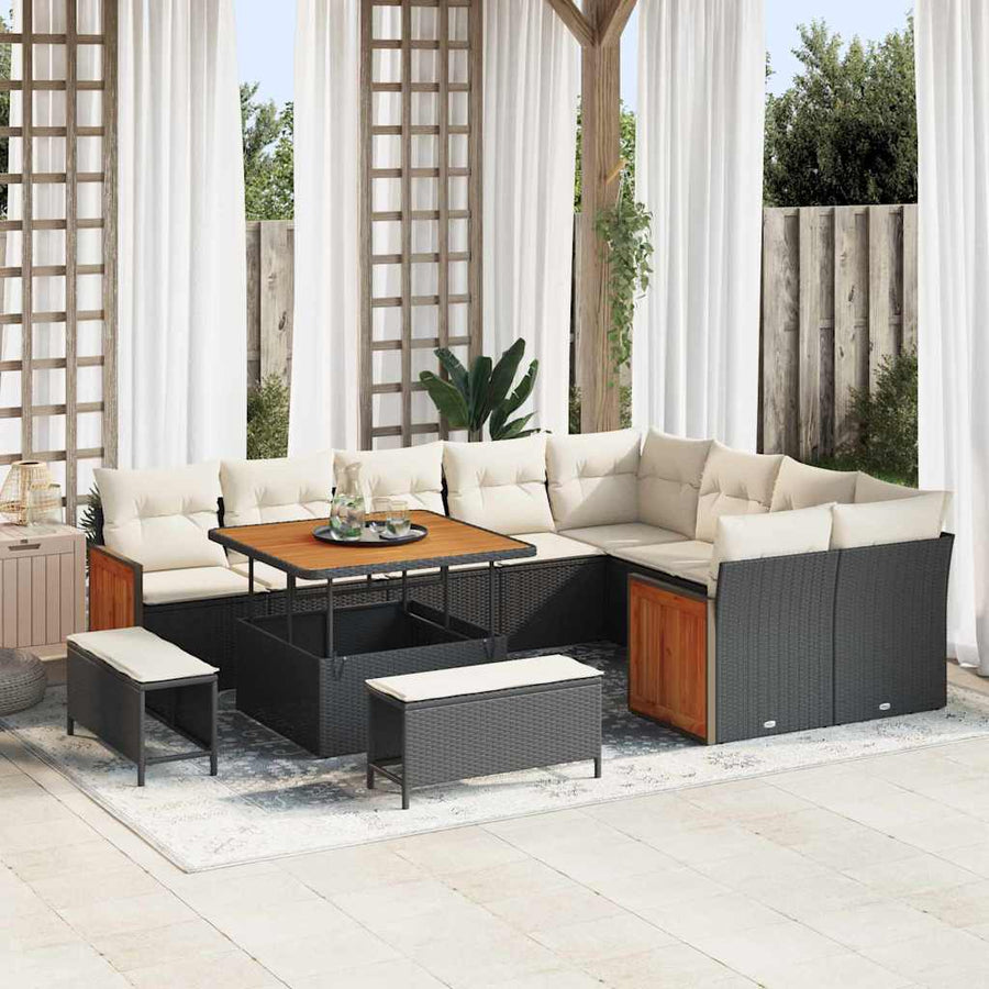 Tuinbankenset met kussen 13 pcs Zwart en Crème poly rattan
