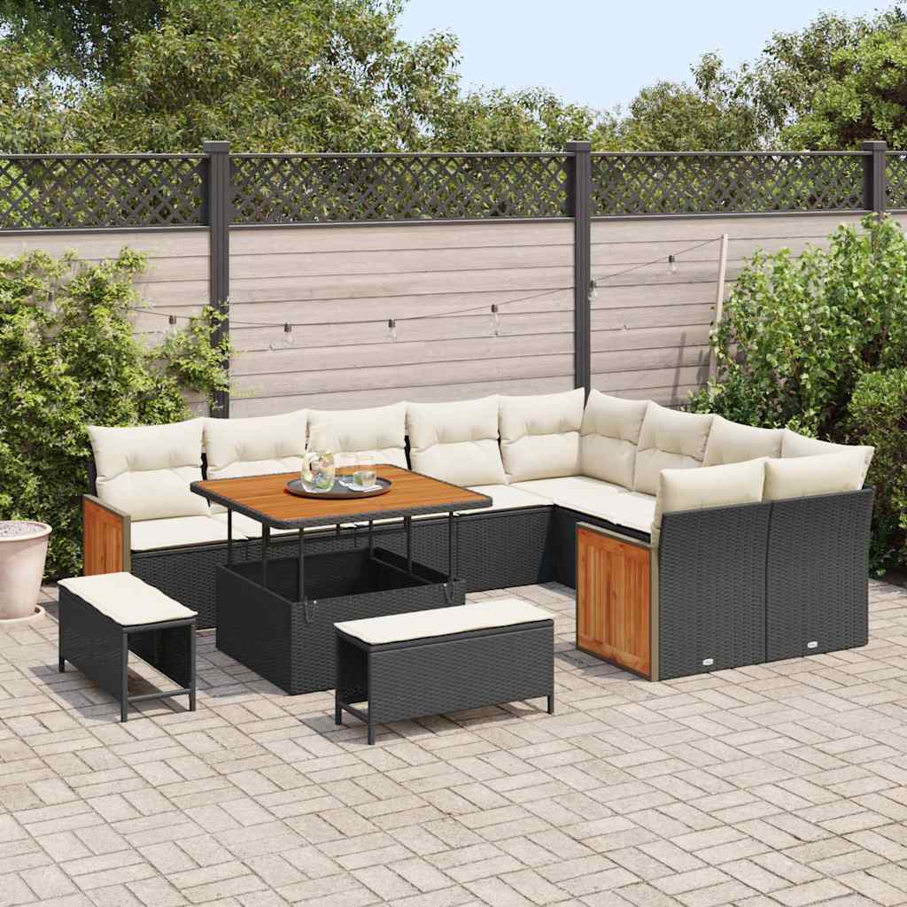 Tuinbankenset met kussen 13 pcs Zwart en Crème poly rattan