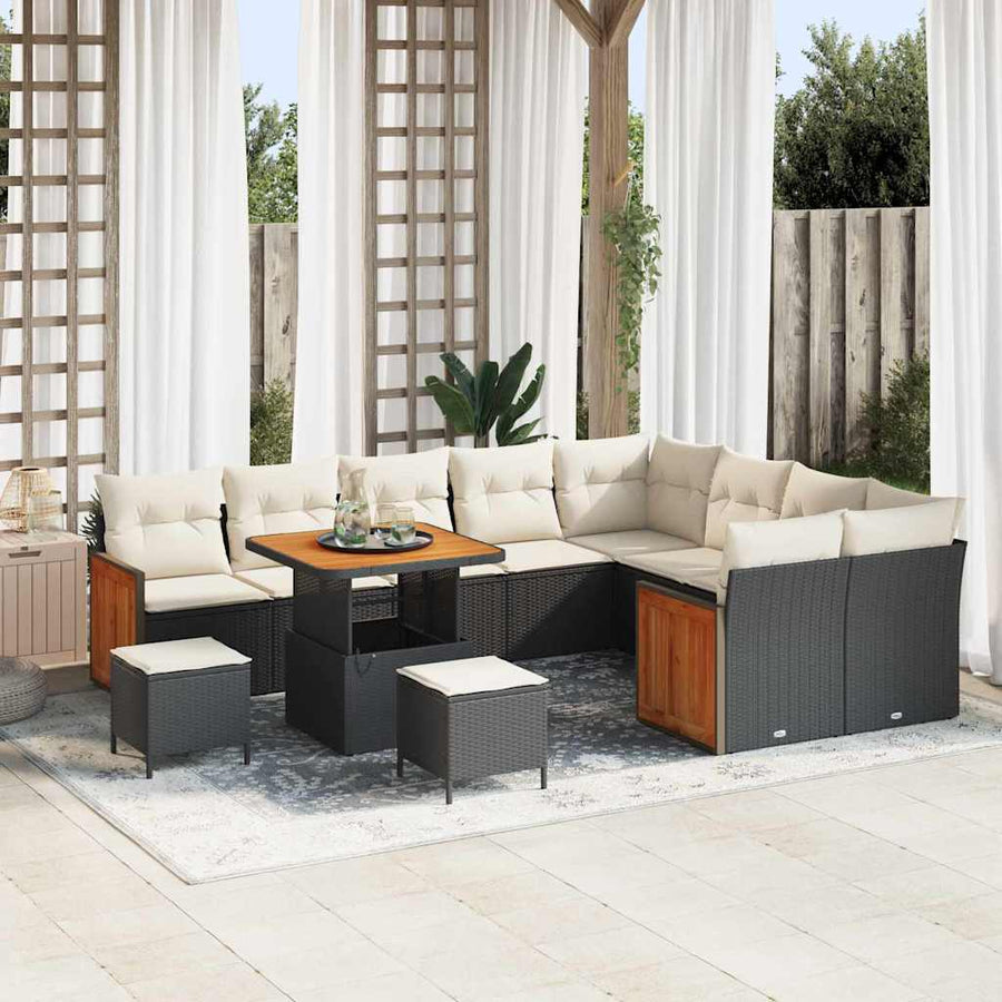 Tuinbankenset met kussen 13 pcs Zwart en Crème poly rattan