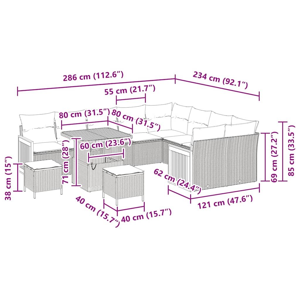 Tuinbankenset met kussen 13 pcs Beige en Crème poly rattan