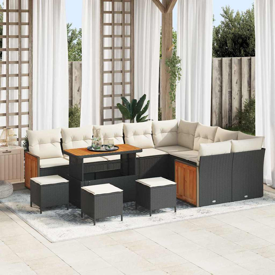 Tuinbankenset met kussen 14 pcs Zwart en Crème poly rattan