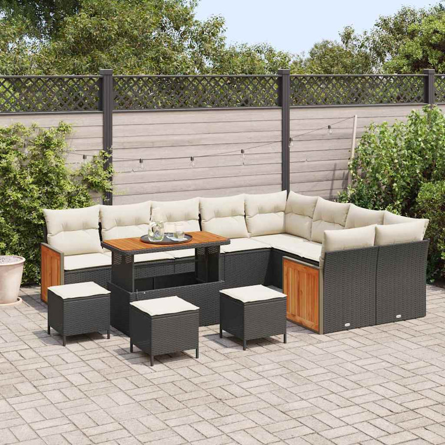 Tuinbankenset met kussen 14 pcs Zwart en Crème poly rattan