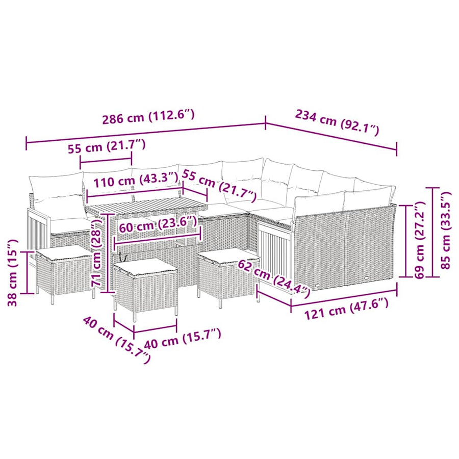 Tuinbankenset met kussen 14 pcs Zwart en Crème poly rattan