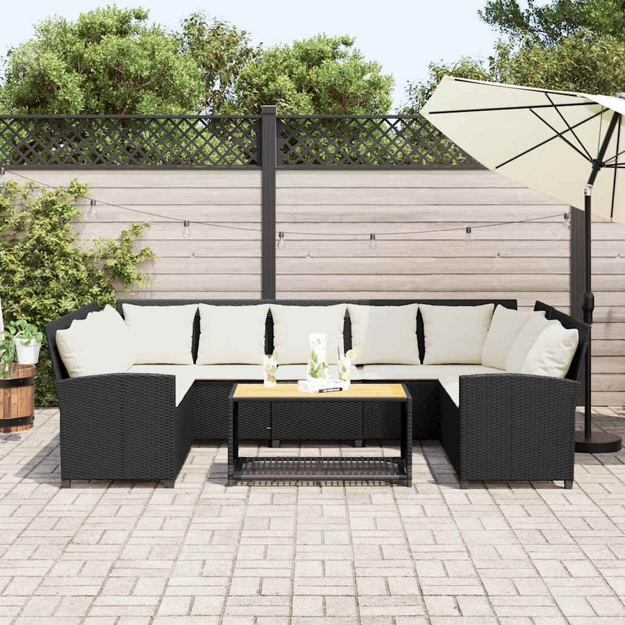 Tuinbank met kussens poly rattan zwart