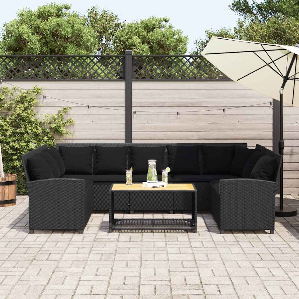 Tuinbank met kussens poly rattan zwart