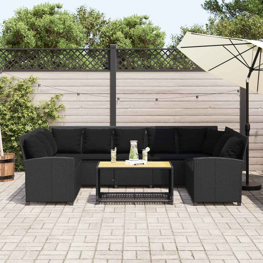 Tuinbank met kussens poly rattan zwart