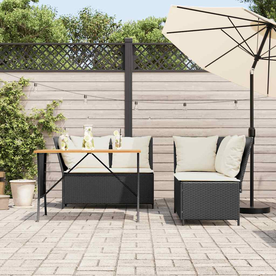 3-delige Loungeset met kussens poly rattan zwart