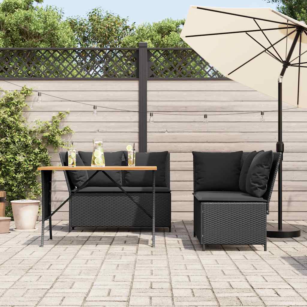 3-delige Loungeset met kussens poly rattan zwart