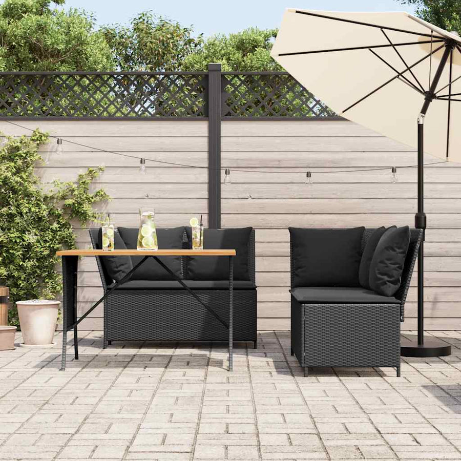 3-delige Loungeset met kussens poly rattan zwart
