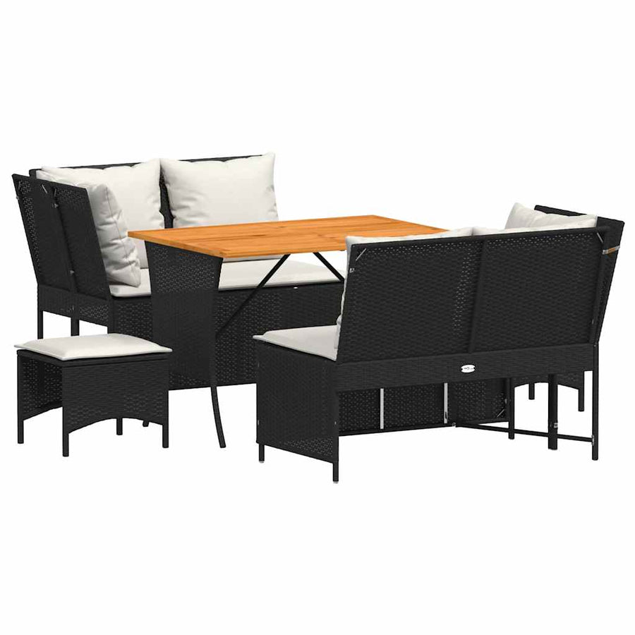 5-delige Loungeset met kussens poly rattan zwart