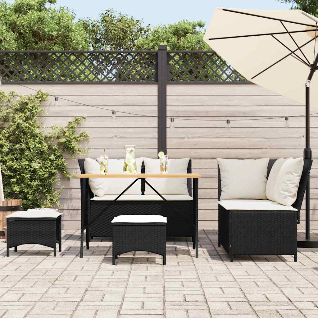 5-delige Loungeset met kussens poly rattan zwart