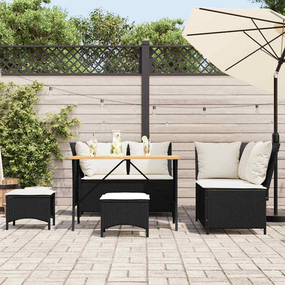 5-delige Loungeset met kussens poly rattan zwart