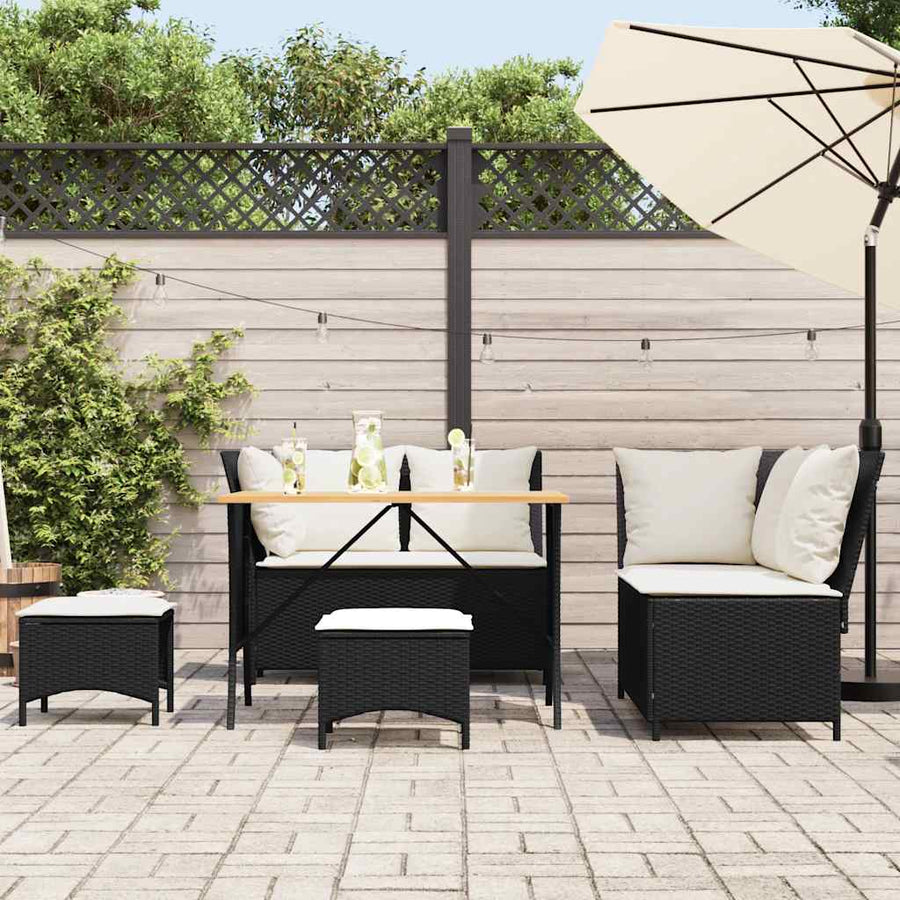 5-delige Loungeset met kussens poly rattan zwart