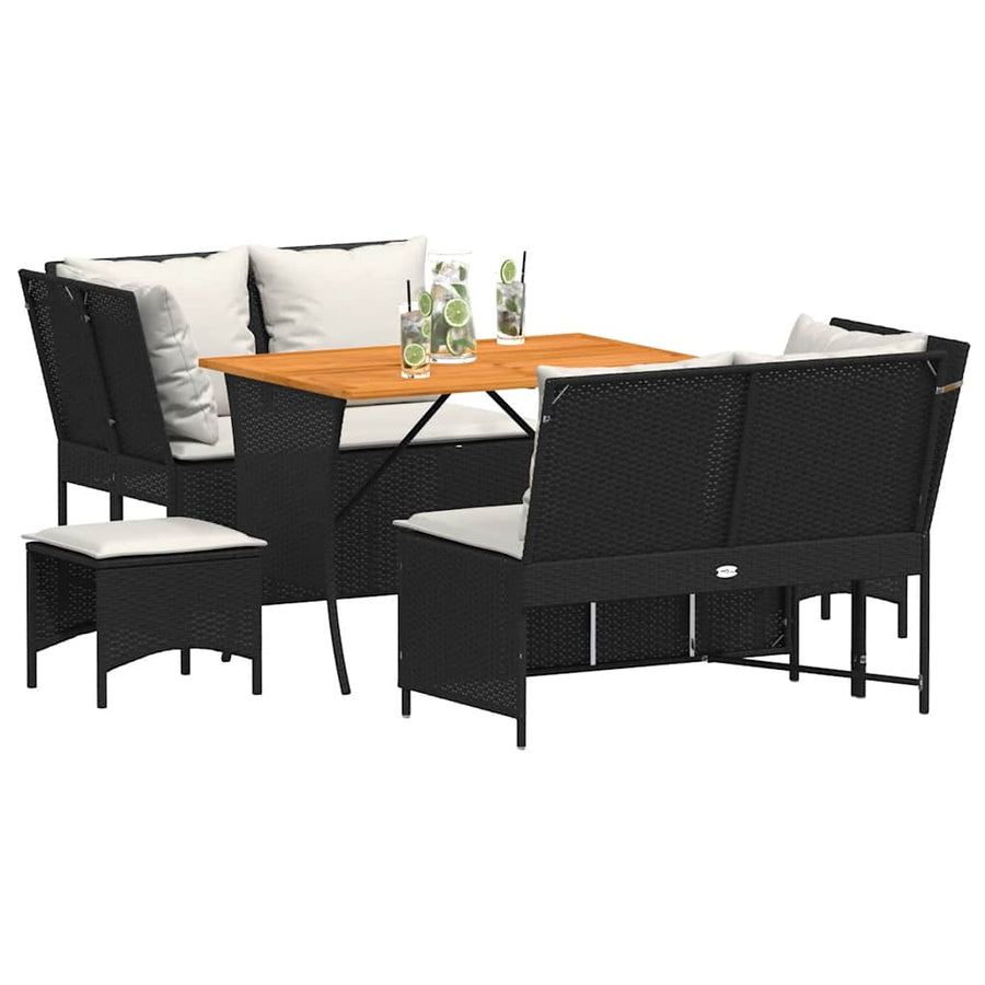 5-delige Loungeset met kussens poly rattan zwart
