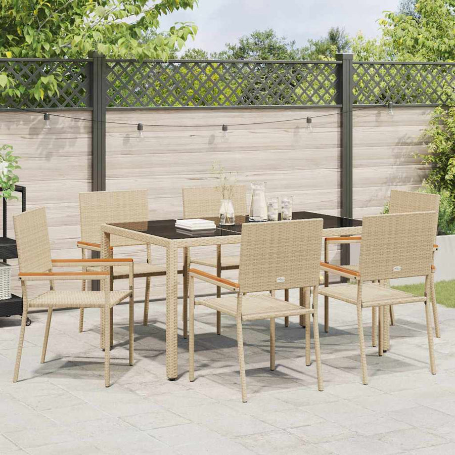 Tuin Eettafelset 7 Pcs Poly Rattan 6-Persoons 150 cm tafellengte Beige