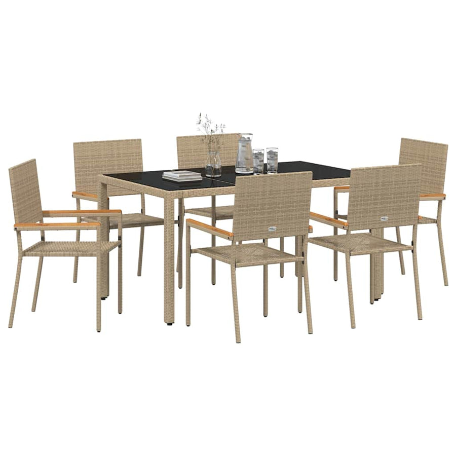 Tuin Eettafelset 7 Pcs Poly Rattan 6-Persoons 150 cm tafellengte Beige