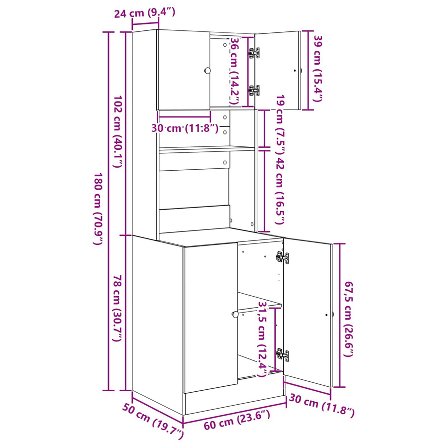 Keukenbuffet met plank 2 pcs Zwart Eiken 60 x 50 x 180 cm