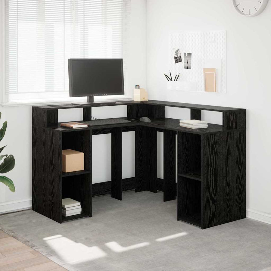 Bureau met plank Zwart Eiken 130 x 130 x 91 cm Bewerkt hout