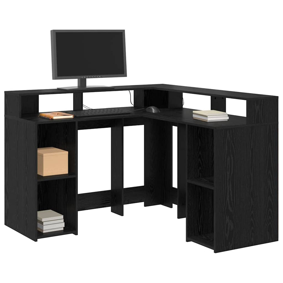 Bureau met plank Zwart Eiken 130 x 130 x 91 cm Bewerkt hout