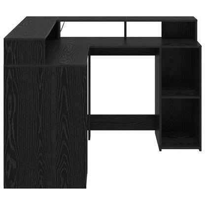 Bureau met plank Zwart Eiken 130 x 130 x 91 cm Bewerkt hout