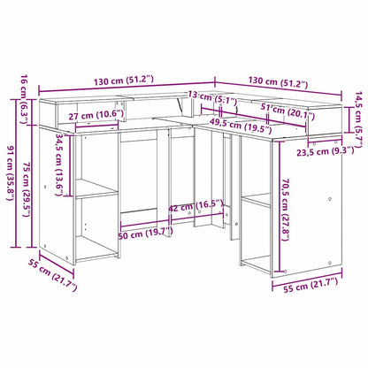 Bureau met plank Zwart Eiken 130 x 130 x 91 cm Bewerkt hout