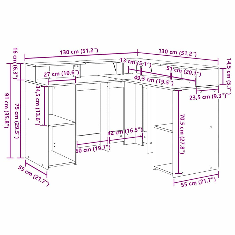 Bureau met plank Zwart Eiken 130 x 130 x 91 cm Bewerkt hout